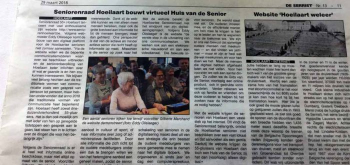 Artikel over de senioren Hoeilaart website in De Serrist van 29 maart 2018
